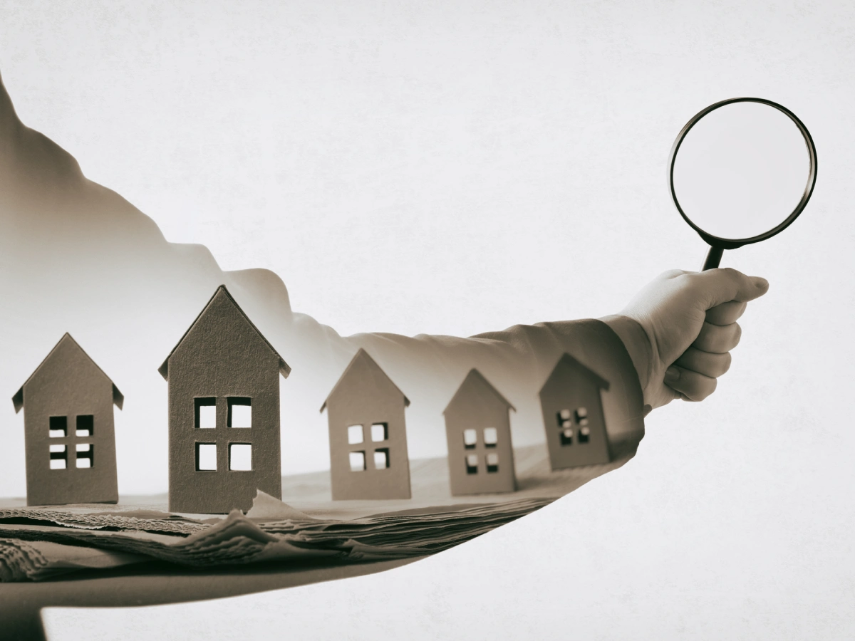Magnifying glass examining paper houses